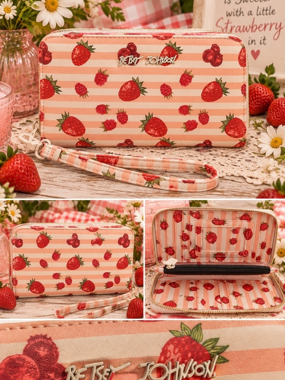 Betsey Johnson Strawberry Print Zip Around Wallet Wristlet – NWOT